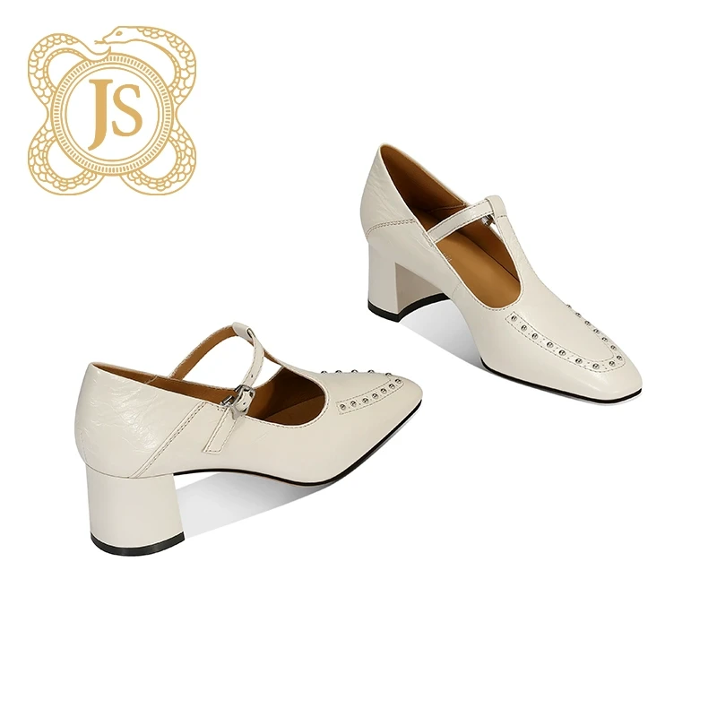 已开价，3368D525217复古小方头玛丽珍单鞋铆钉粗跟皮鞋女软真皮