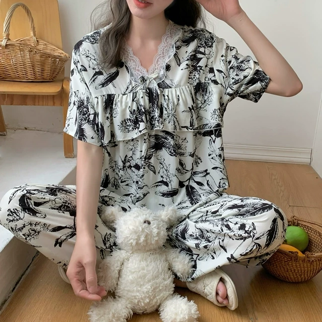 防凸点棉绸睡衣女士夏季薄款夏天短袖长裤人造棉荷叶边套装家居服