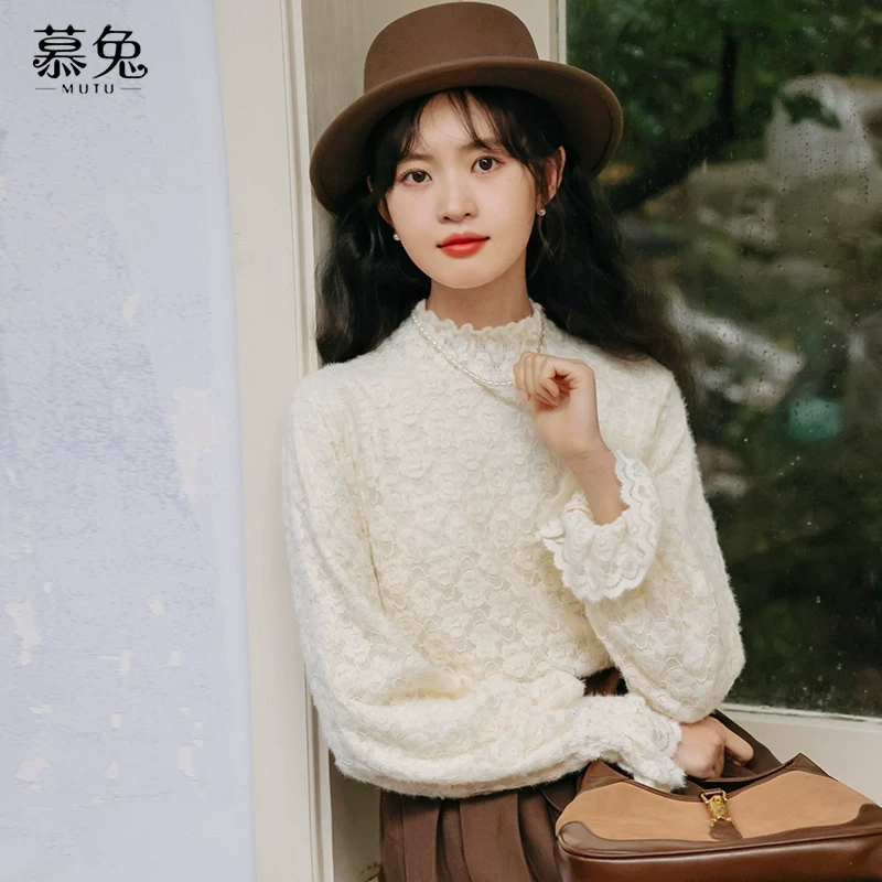 慕兔加绒半高领内搭打底衫女2024秋冬新款洋气独特别致蕾丝衫上衣