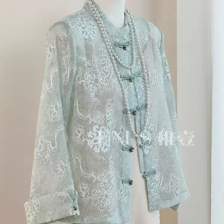 长袖春夏女立领九分袖薄款短外套斜襟复古设计师网红