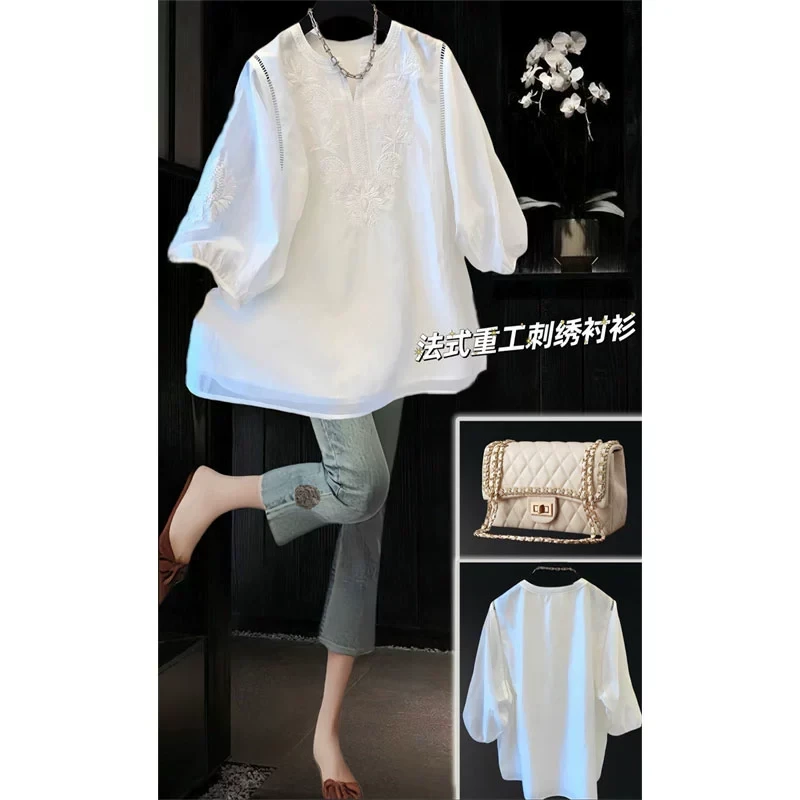 设计感重工刺绣六分袖衬衫上衣女胖妹妹大码宽松休闲减龄小衫夏季