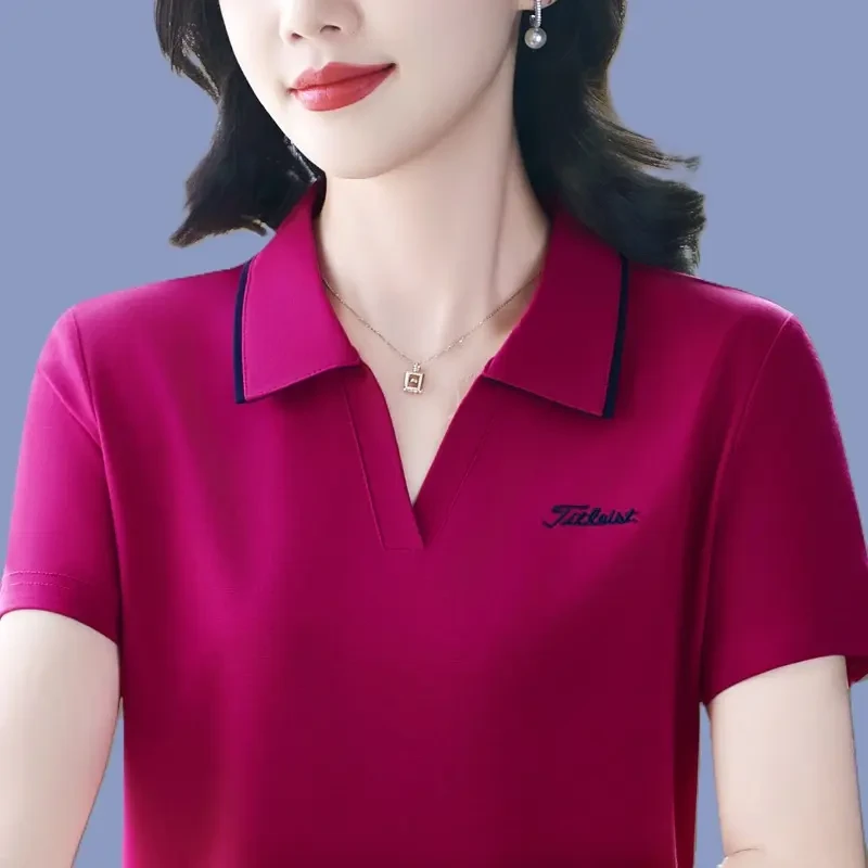 夏季薄款冰丝短袖T恤女时尚洋气显瘦半袖翻领宽松休闲运动POLO衫