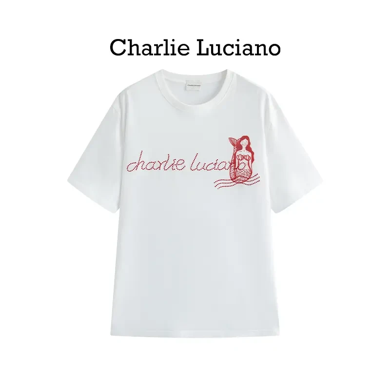 Charlie Luciano2025夏季美人鱼标识绣花短袖T恤潮牌新款宽松短袖