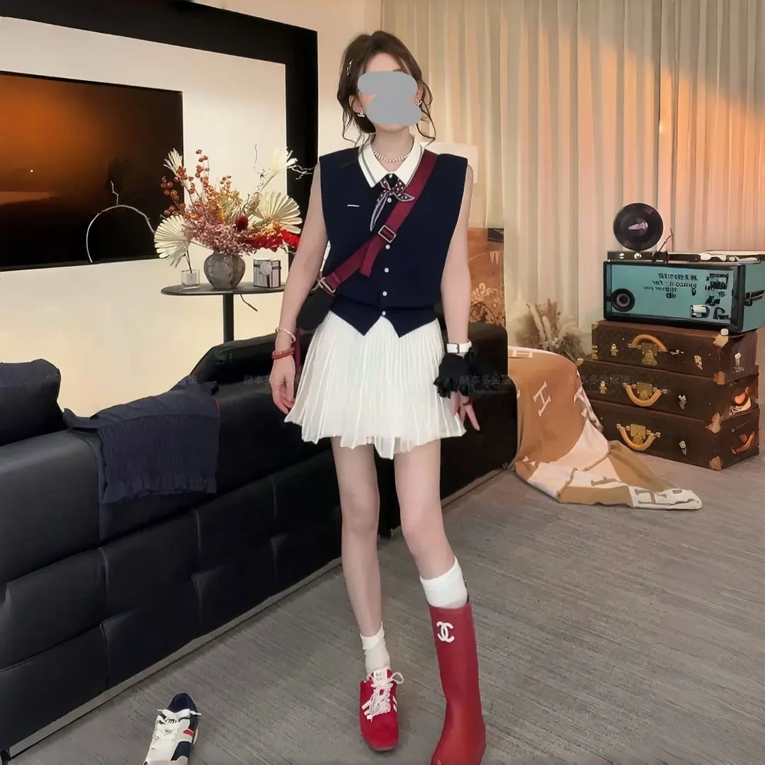 2025夏季新款无袖POLO领针织衫上衣套装纯欲显瘦半身裙潮流衣服女