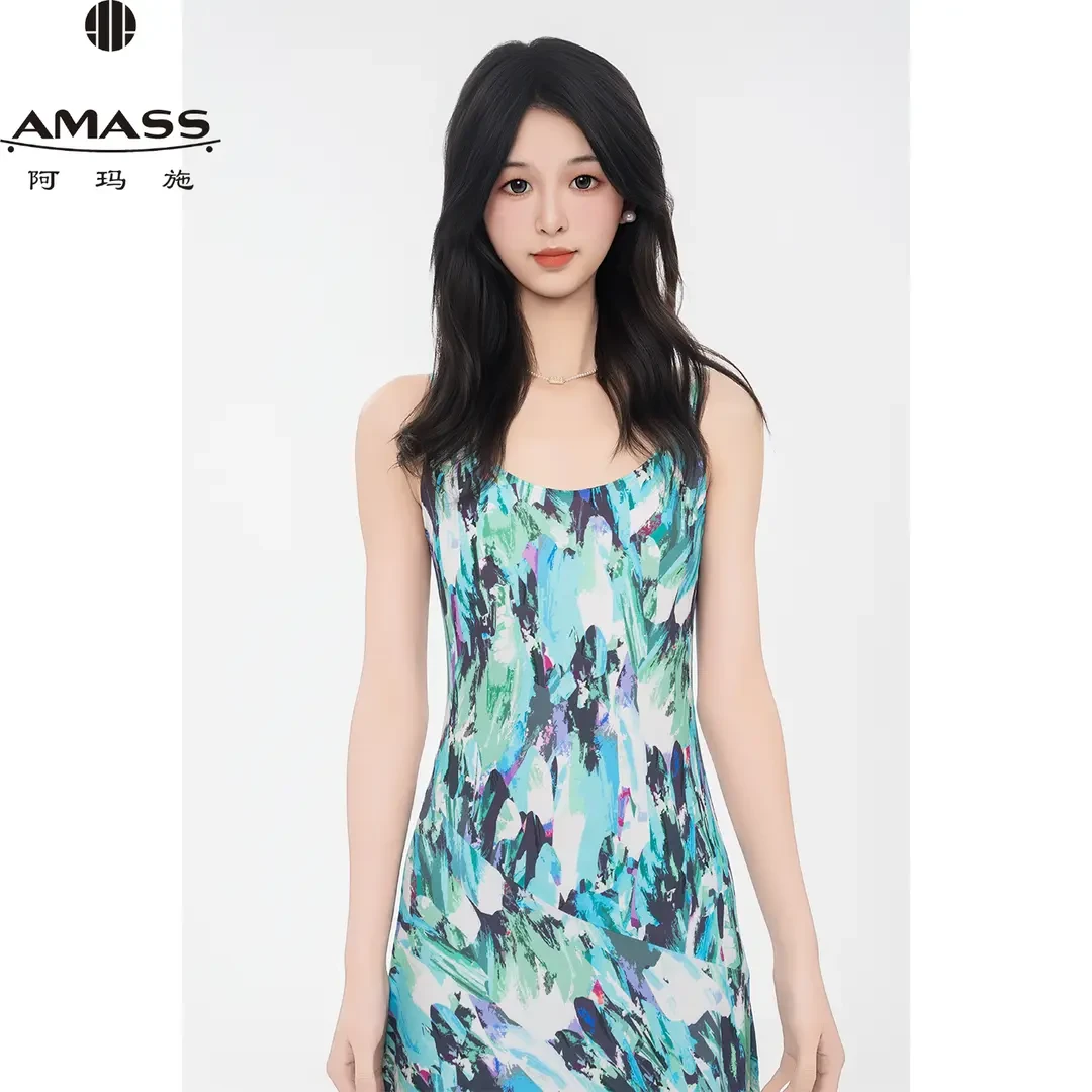 AMASS/阿玛施夏季新款气质修身印花中长款吊带连衣裙女550010-2A