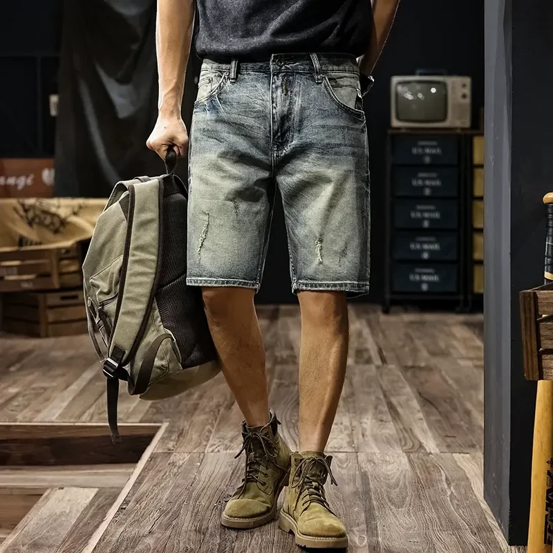 高端丹宁牛仔短裤男2025夏季潮牌重磅水洗复古五分裤合身直筒中裤