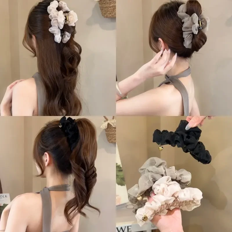 温柔网纱褶皱盘发抓夹大号发夹女后脑勺高级感气质鲨鱼夹网红