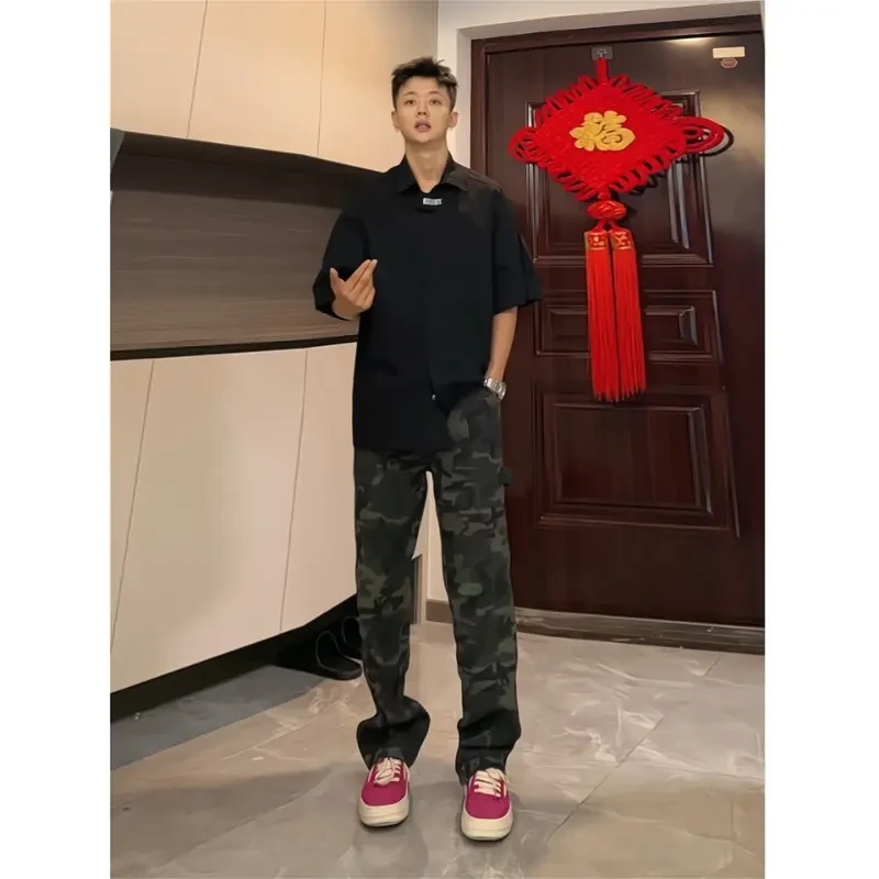 美式复古迷彩牛仔裤男款cleanfit修身微喇工装裤vibe宽松伐木裤子