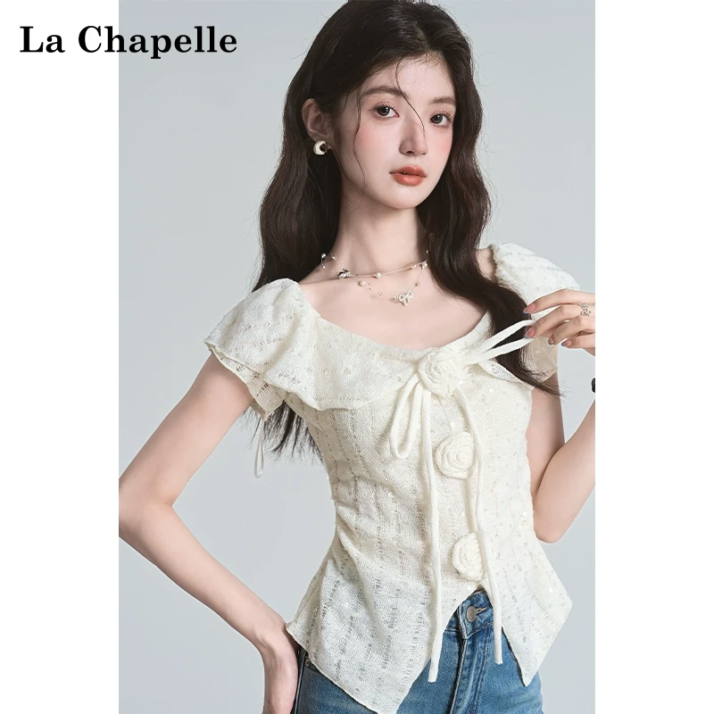 拉夏贝尔法式立体花朵绑带短袖T恤女2025夏季新修身方领小衫上衣
