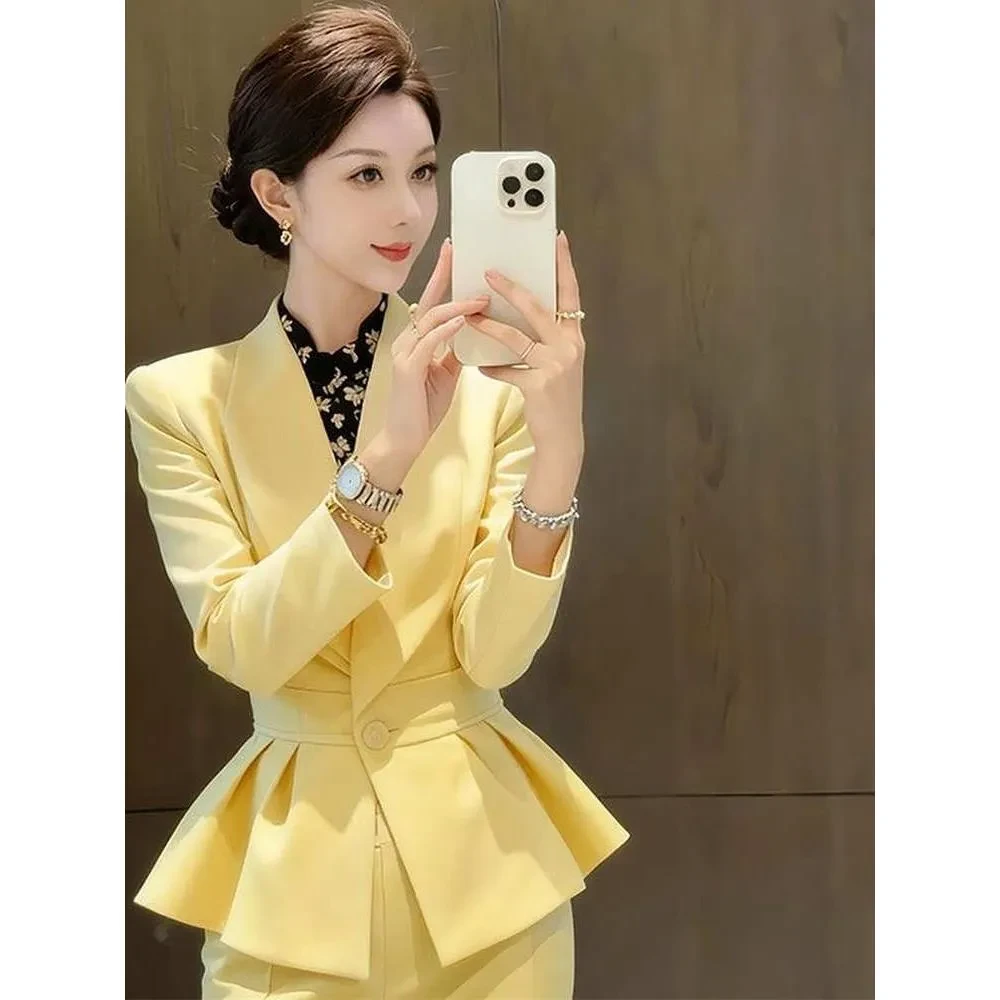 黄色收腰西装外套女2025新款正式场合轻奢高级感职业两件套装秋季