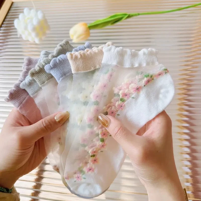 【爆！9·9五双】薄款卡丝袜夏季花边水晶船袜透气吸汗短袜袜子女船袜