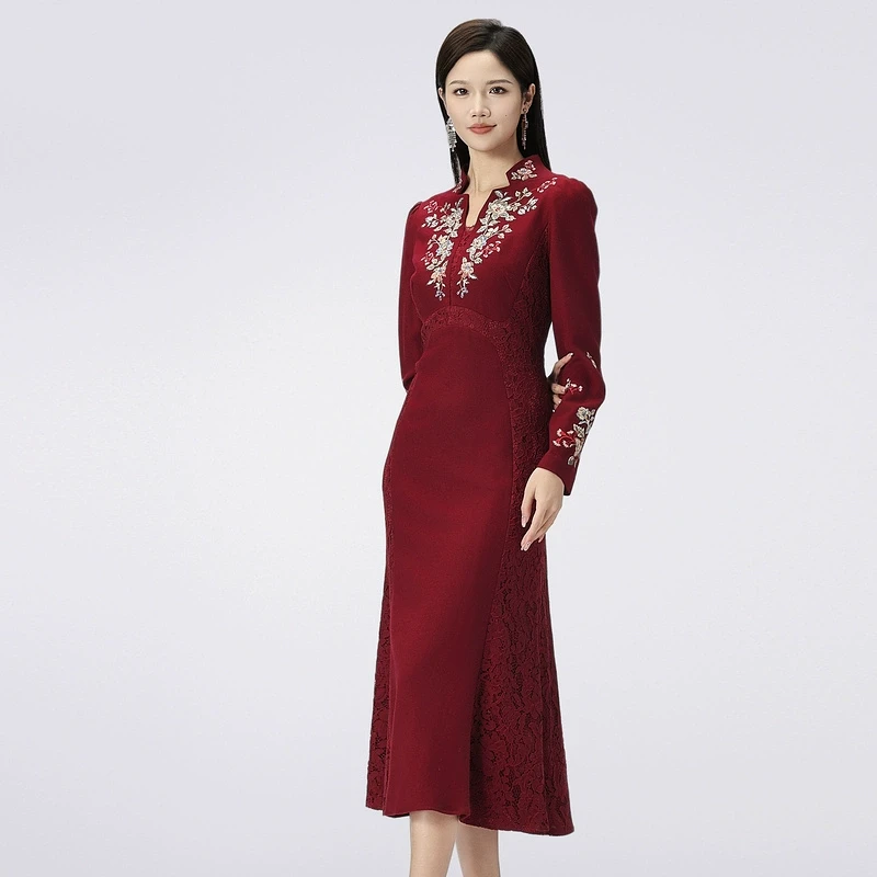 SUSSI/古色冬季新品丹枫红红装宴会喜婆婆刺绣收腰连衣裙女装