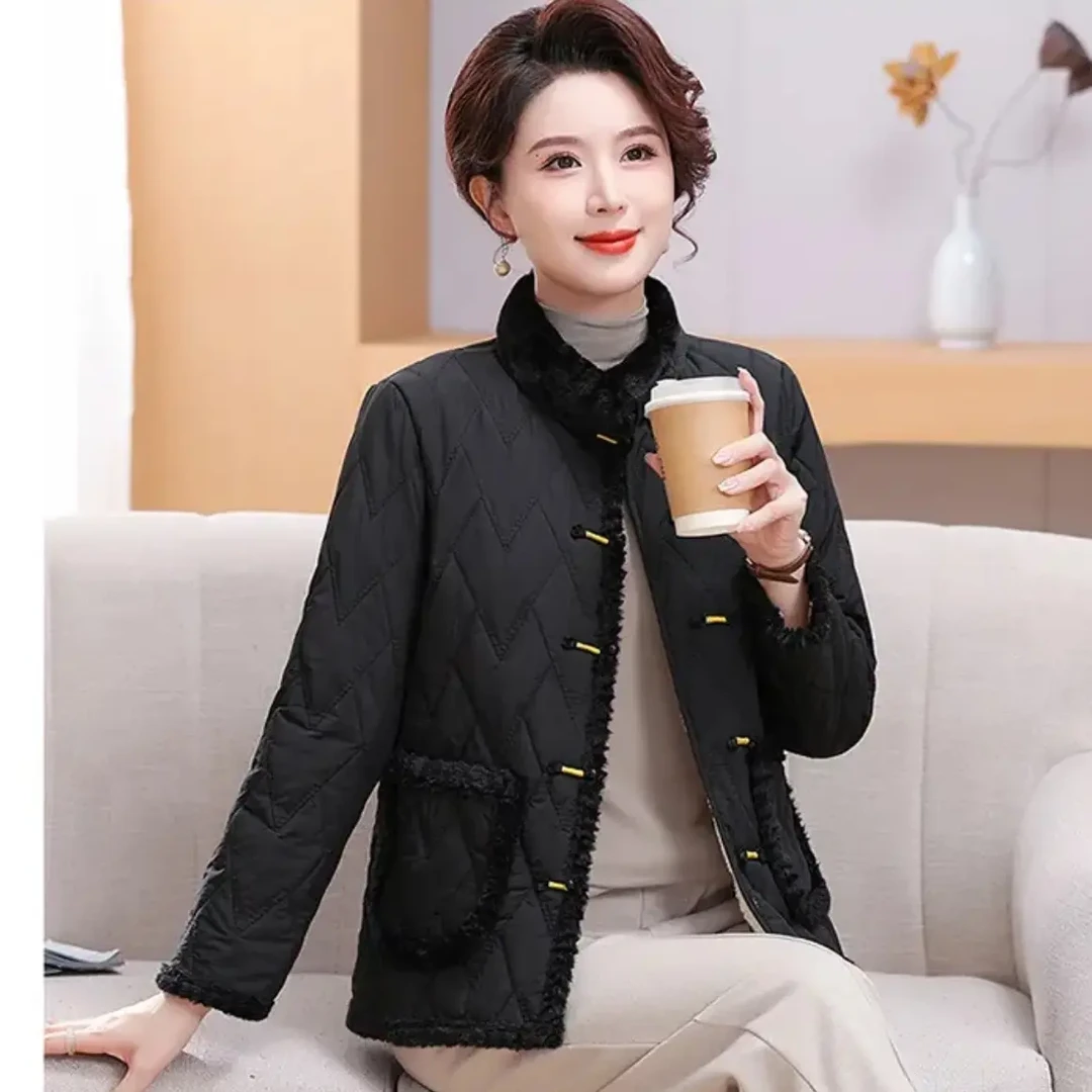 F024冬季新款加绒加厚盘扣洋气复古中式棉袄外套保暖棉服