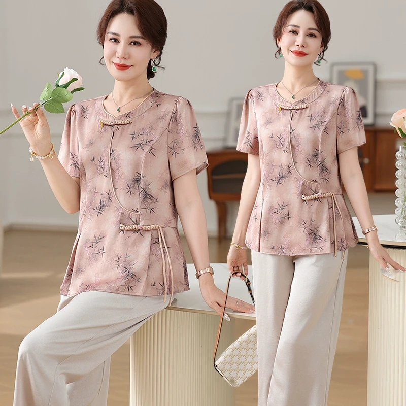 妈妈装夏装套装短袖新中式国风上衣中老年母亲衣服夏季宽松两件套