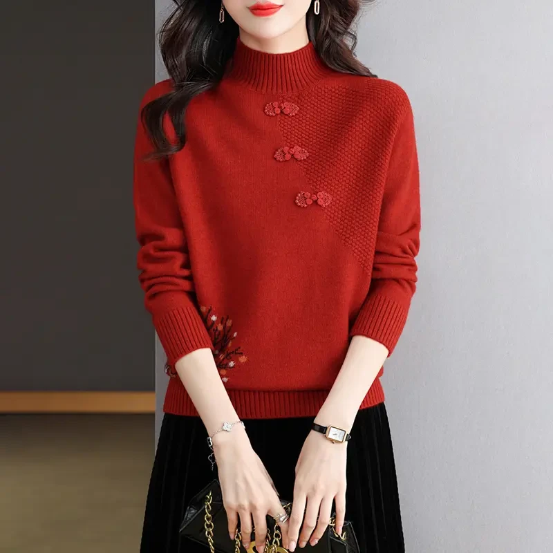 半高领毛衣女秋冬内搭中国风盘扣上衣新款显瘦打底