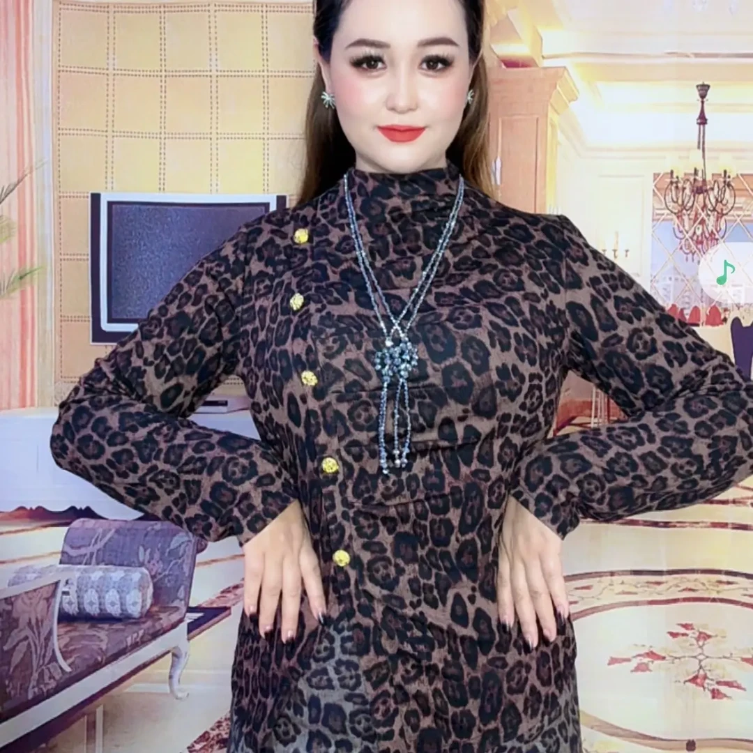 半高领短款长袖常规豹纹法式T恤冬季加绒秋冬花色