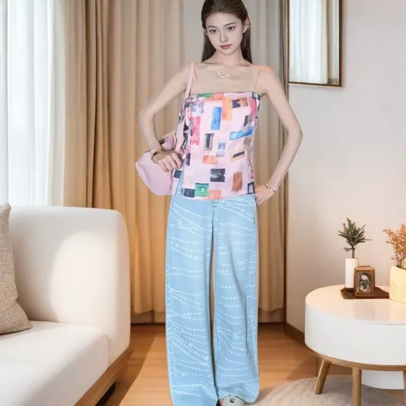 地球店设计感小香珍珠印花低腰牛仔裤女夏垂感直筒宽松阔腿裤子