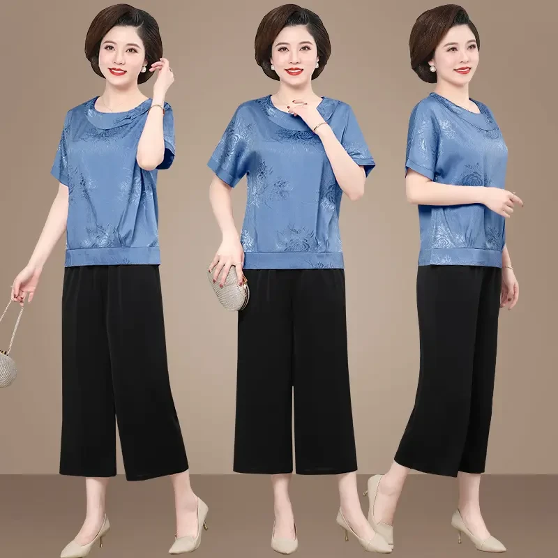 G102夏季结婚婚礼喜婆婆婚宴礼服短袖红色上衣冰丝女中年妈妈夏装