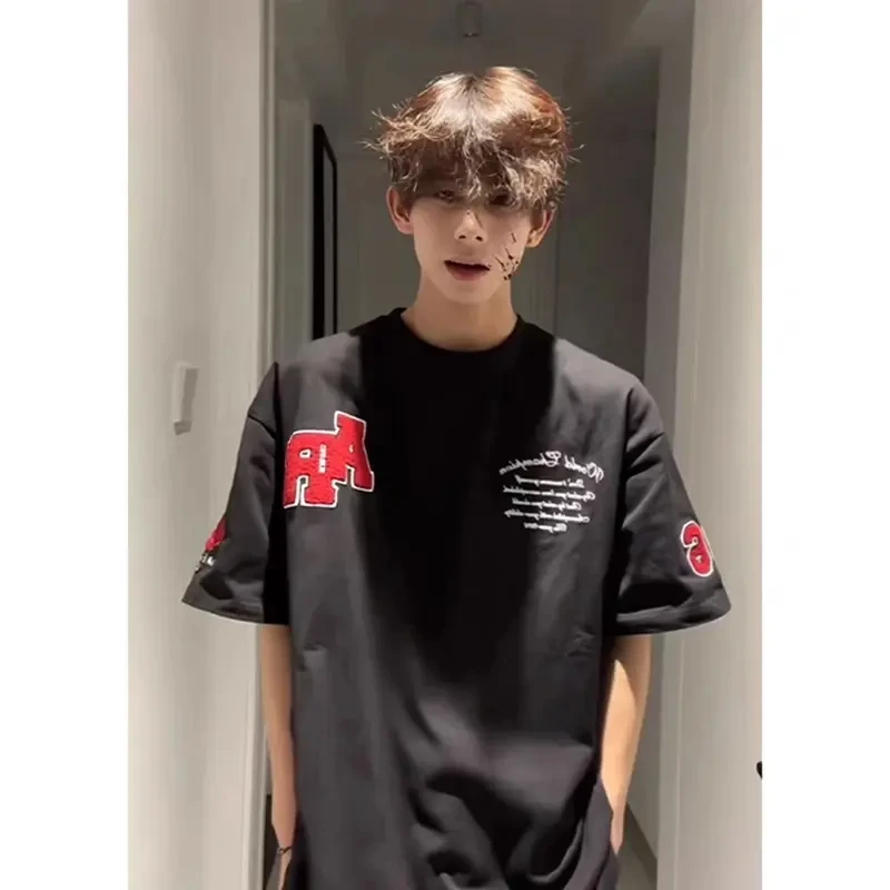 126KID毛巾字母刺绣短袖男夏季美式高街痞帅T恤潮牌情侣五分半袖