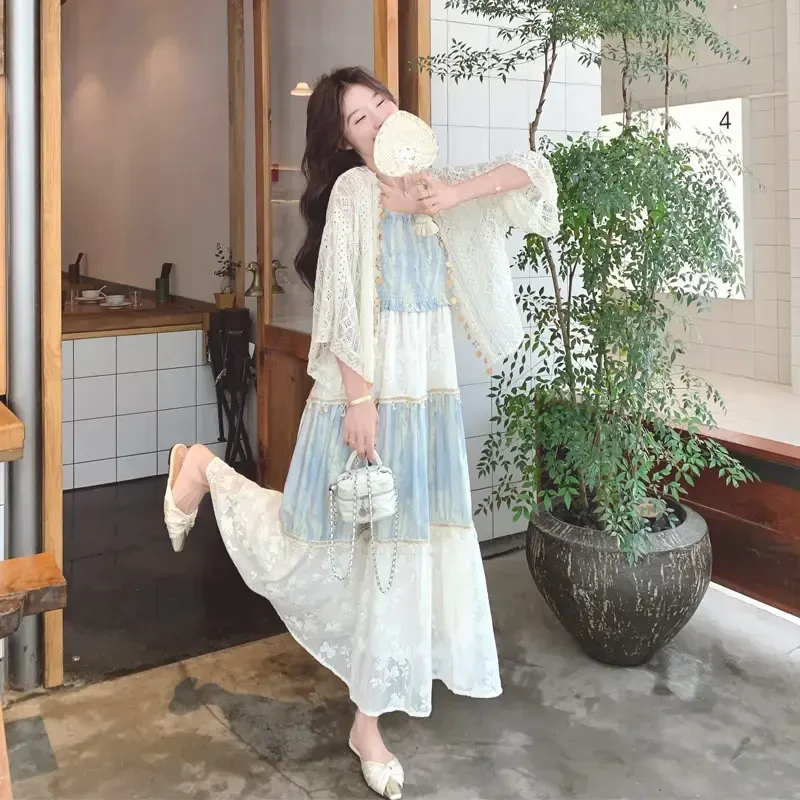 新款氛围感晕染气质南法度假风镂空罩衫撞色吊带裙2025夏季两件套