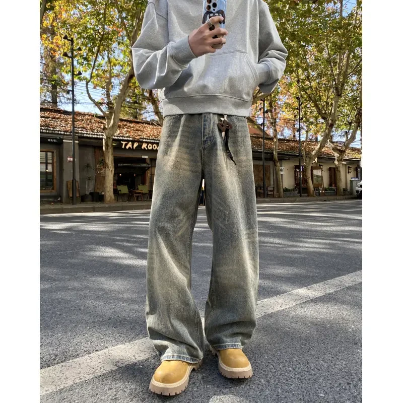 阔腿牛仔裤男2025春秋水洗做旧高街美式复古痞帅宽松潮流黄泥裤子