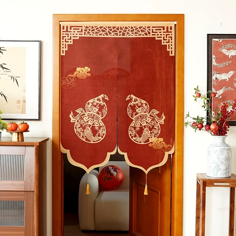 中式红色门帘新年喜庆长帘卧室家用免打孔半帘隔断帘布艺遮挡帘