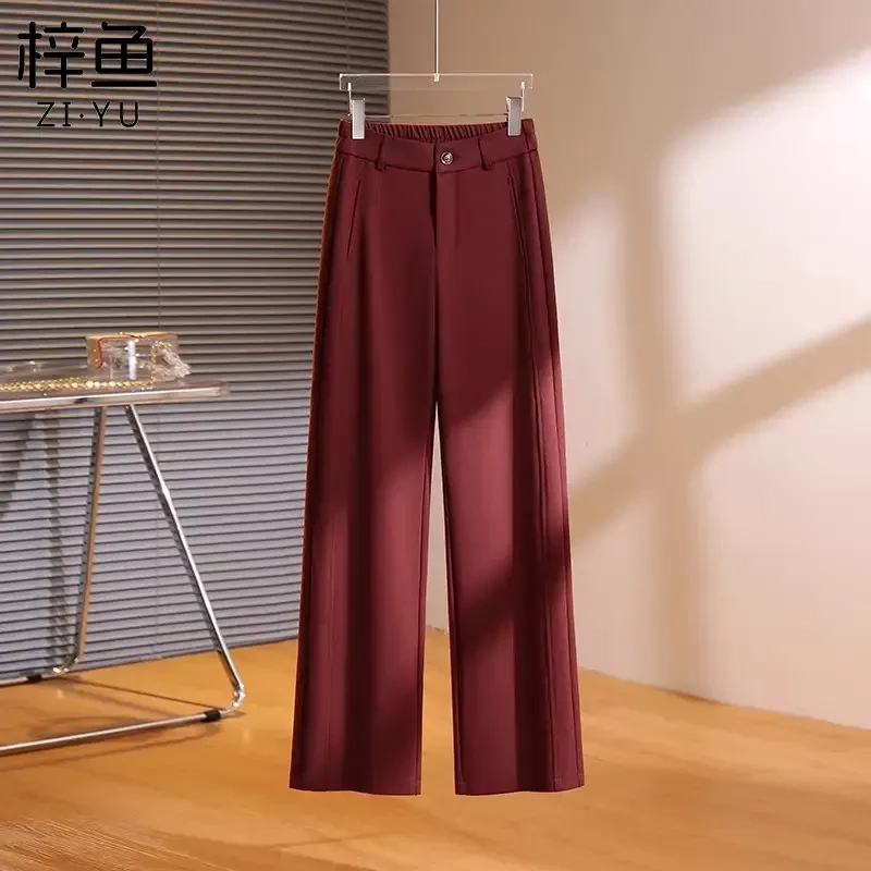 y5980安可拉红休闲纯色百搭高腰显瘦直筒长裤女新款宽松阔腿裤