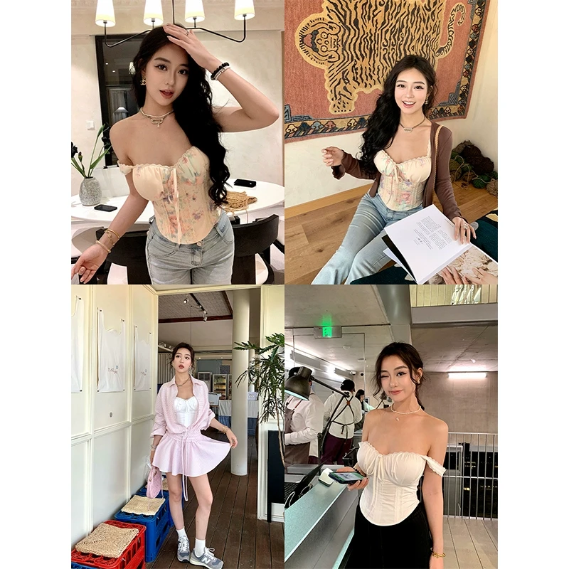 肉装小cherry 明媚少女 温柔微胖带钢圈胸垫花边鱼骨修身背心两色