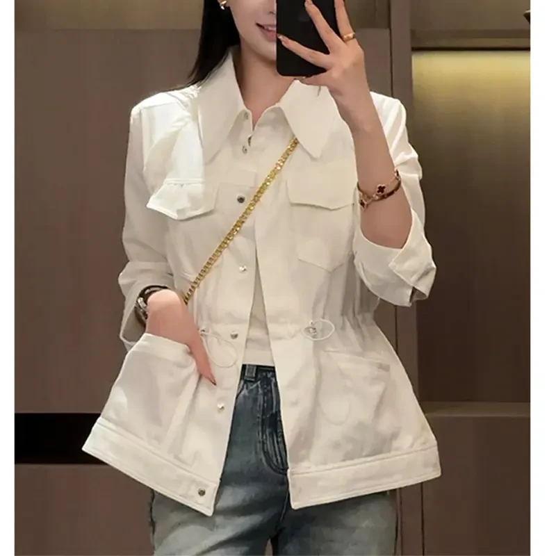 2025春秋时尚简约洋气舒适休闲显瘦百搭法式高级感翻领白色外套女