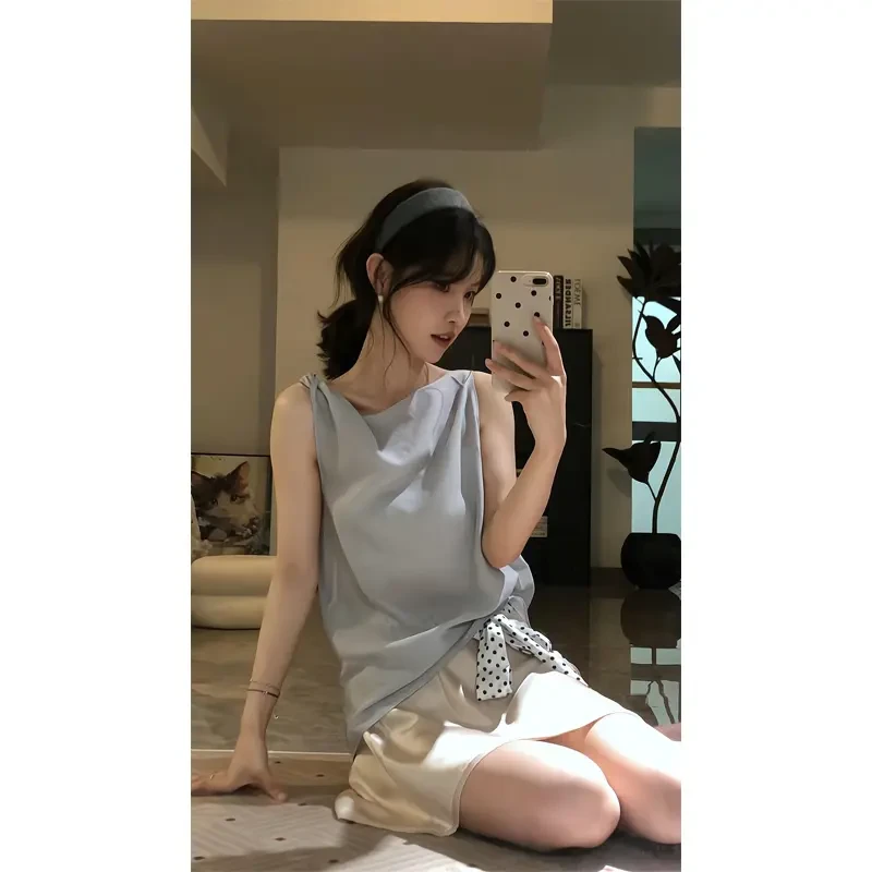 夏季气质上衣轻奢薄款蓝色无袖衬衫a字半身裙裙子包臀高腰短裙女