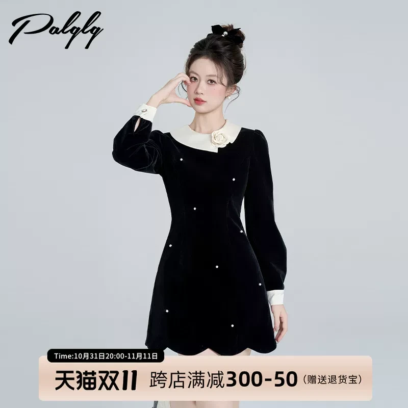 法式赫本风黑色丝绒长袖连衣裙女秋季富家千金风重工气质a字裙子