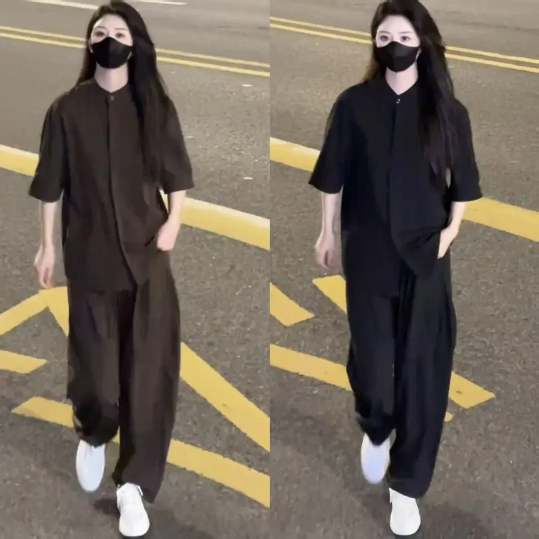 夏季新款男女同款立领轻薄夏季凉感速干透气短袖衬衫长裤休闲套装