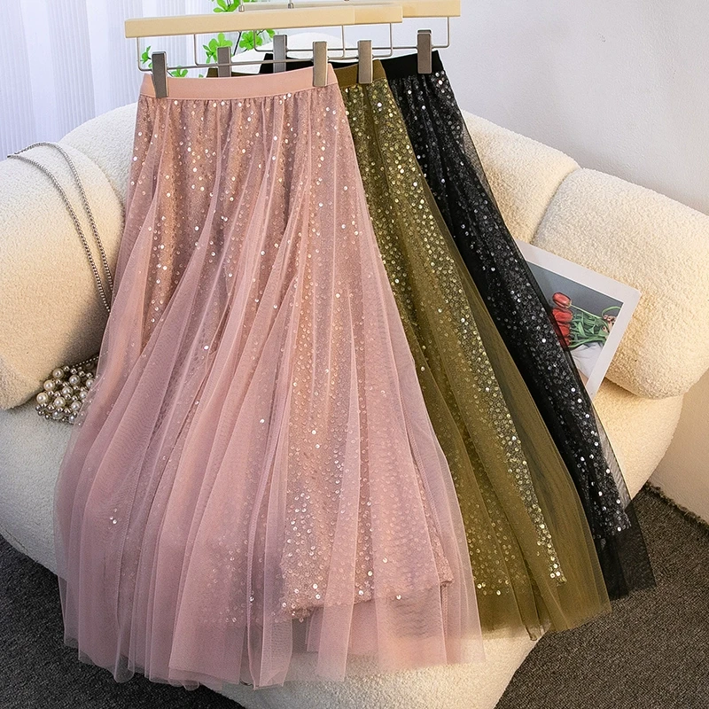 亮闪闪亮片纱裙半身裙女春2025新款垂感高贵松紧腰网纱长裙百褶裙