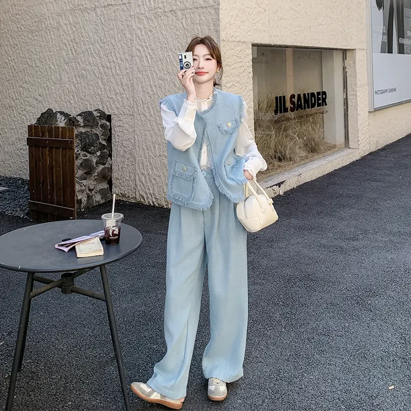 小香风时尚套装女2025春季新款宽松显瘦蓝色马甲小衫阔腿裤三件套