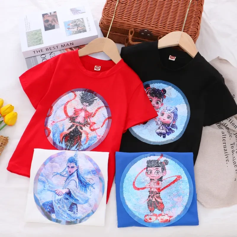 2025男童哪吒亮片短袖儿童夏季新款棉质哪吒敖丙变色亮片T恤