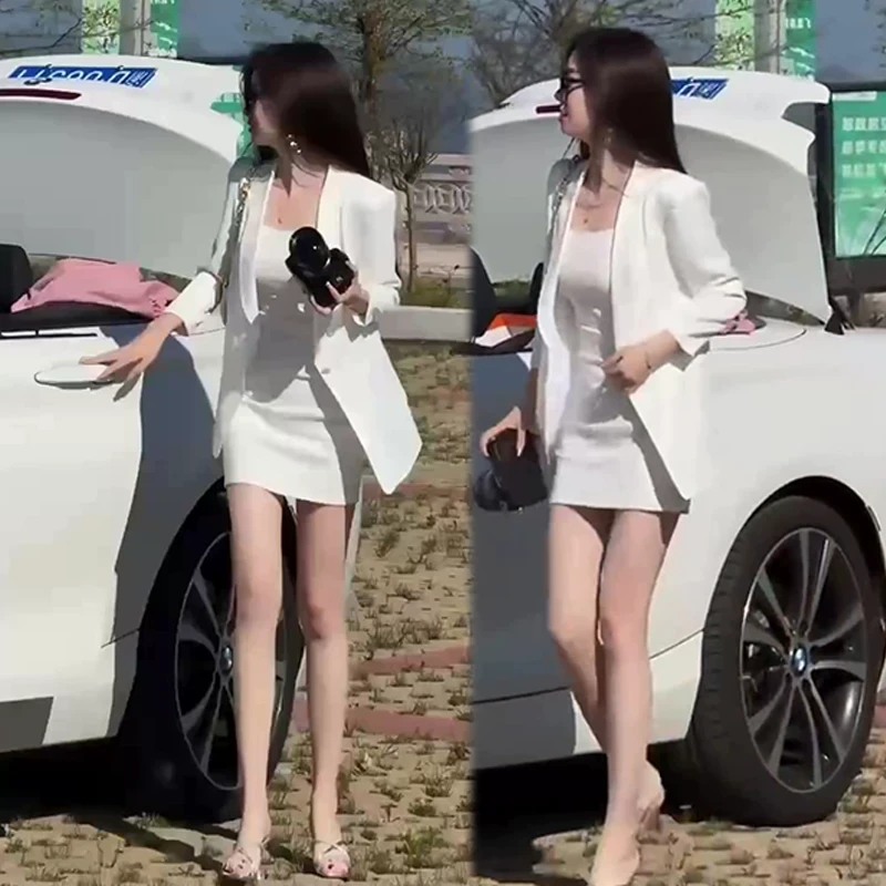 简约百搭两件套女2025春季新款吊带连衣裙显瘦遮肉西服外套套装潮