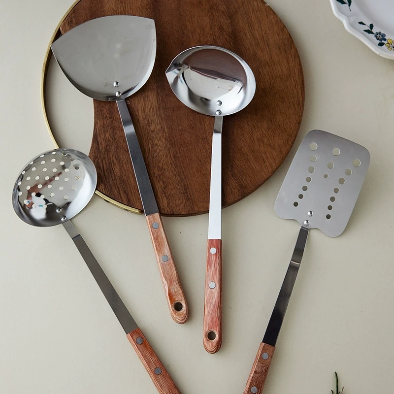 日本进口霜鸟制作所不锈钢汤勺炒菜煎铲子压泥器厨房工具木柄