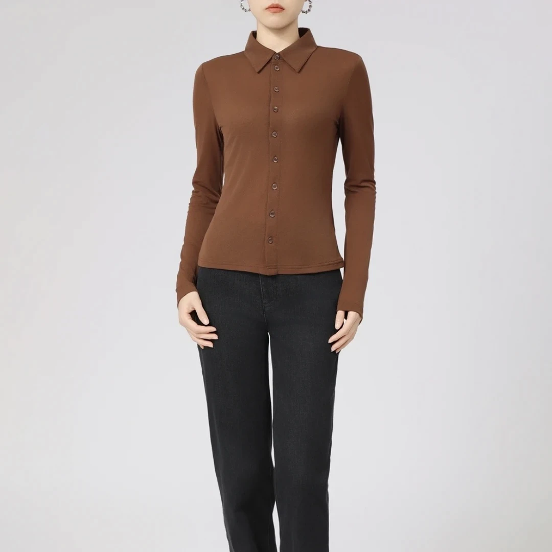 GIRDEAR/哥弟时尚设计感翻领单排扣修身显瘦 气质弹力村衫1300782