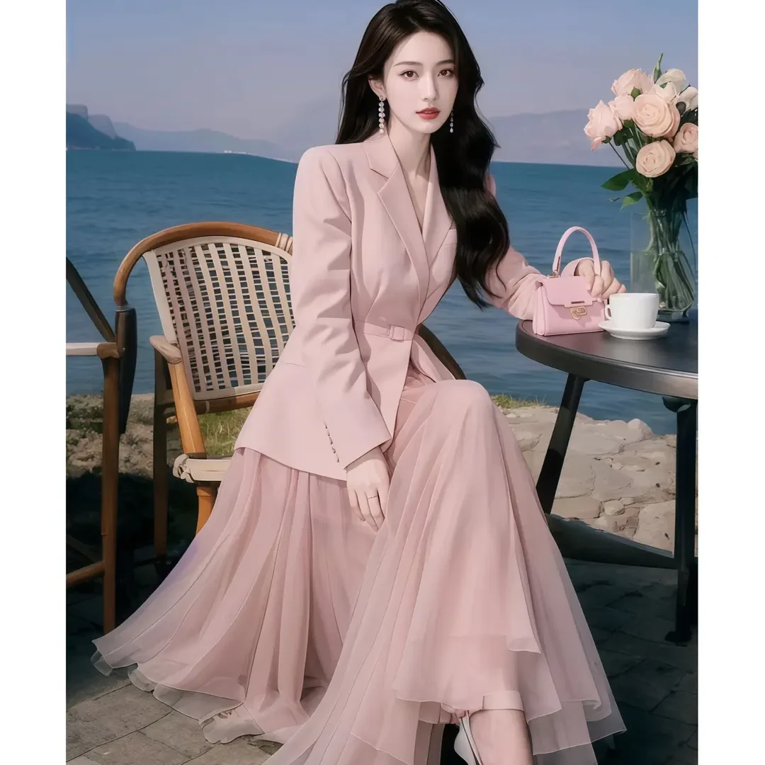 4163+4164一整套2025新款气质名媛粉色西装外套纱裙独特女装