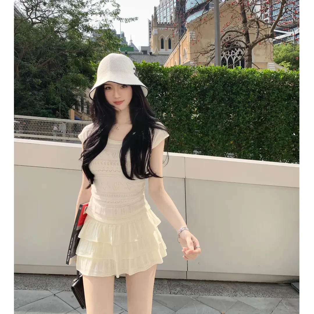 韩系女士时尚夏装纯欲镂空针织短袖上衣小个子高腰甜美蛋糕短裙