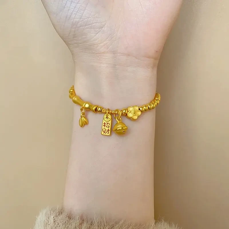 铜合金手链 竹节福牌铃铛桃花手链新中式风格女款金色铜合金首饰