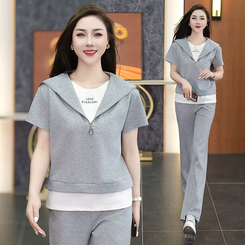 休闲运动套装女2025夏季新款时尚假两件连帽短袖t两件套洋气夏装