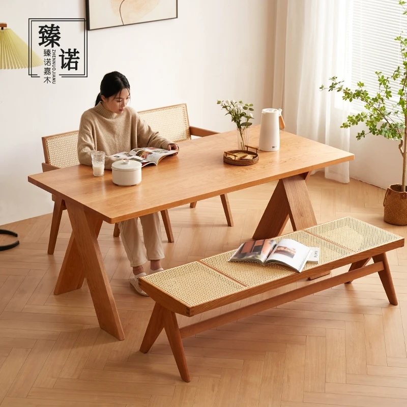 实木餐桌全樱桃木大板桌加厚家用简约日式长方形原木风吃饭桌