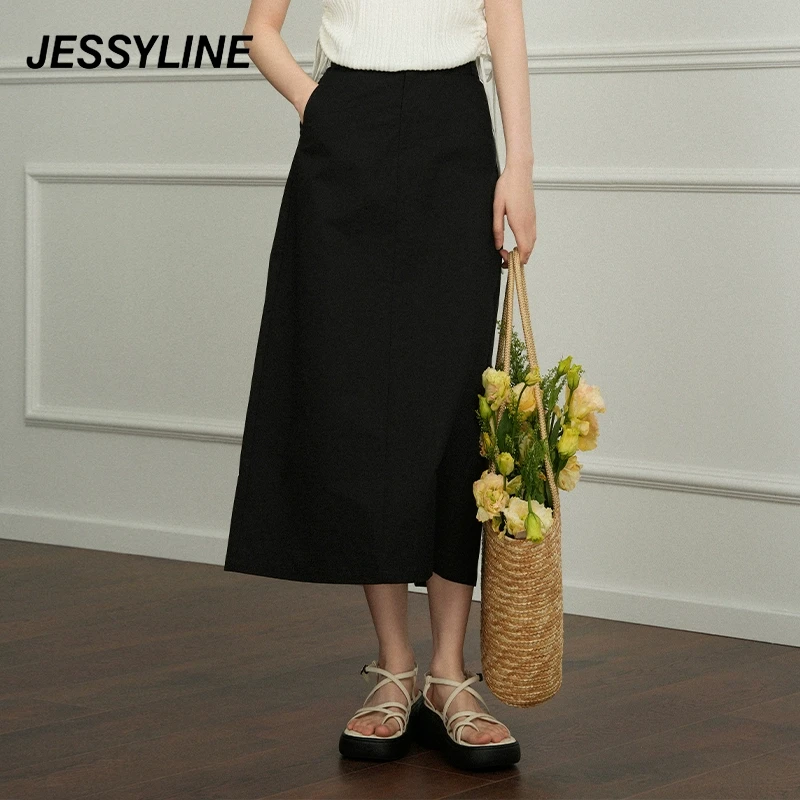 jessyline夏季新款 杰茜莱黑色高腰a字半身裙 425212595