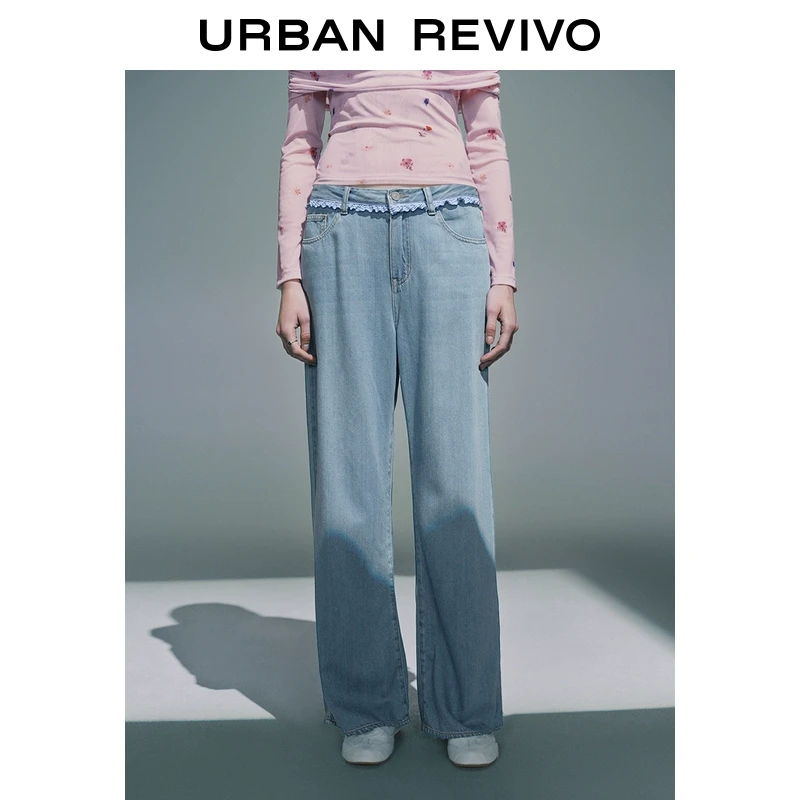 【一秒入夏】UR2025新款女装拼接格纹木耳边阔腿牛仔长裤UYY850116