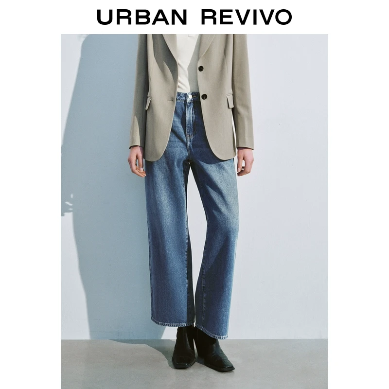 UR2025春季新品女装欧若风复古休闲猫须水洗牛仔长裤UWM850025