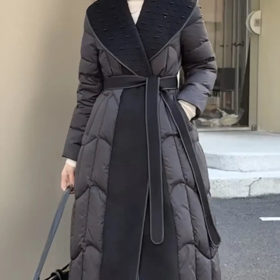 大翻领毛呢拼接白鸭绒系带收腰气质显瘦中长款冬季保暖羽绒外套