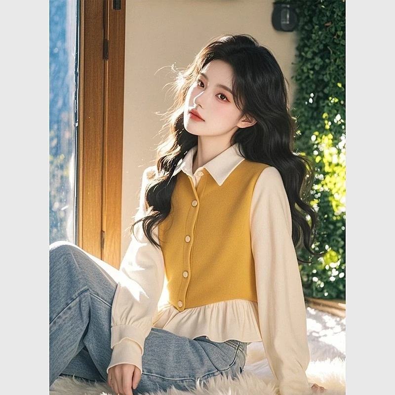 黄色撞色拼接荷叶边娃娃衫女早春季洋气设计感小衫独特超好看衬衫