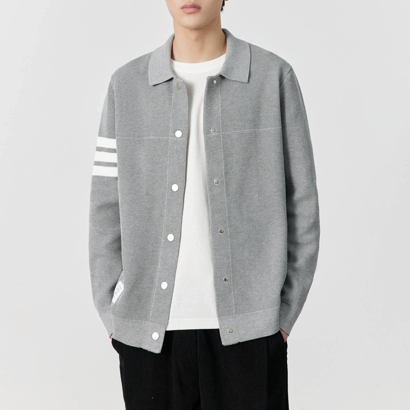 高密加厚翻领提花男士针织夹克经典春秋季潮流开衫型外穿毛衣外套