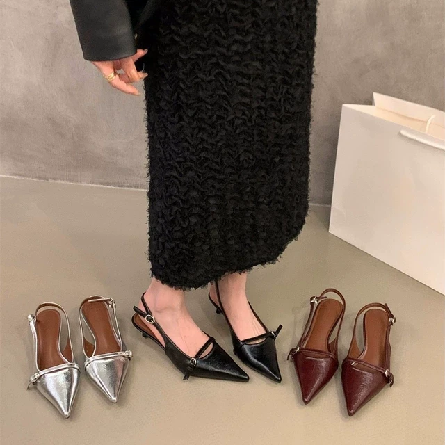 法式小猫跟黑色高跟鞋包头凉鞋仙女鞋子2025新款春夏尖头通勤单鞋